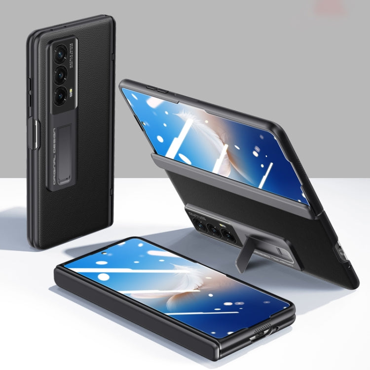 For Honor Magic Vs2 Pioneer Skin-Feel Case-film with integral hinge design, showcasing leather texture and metal lens protection.